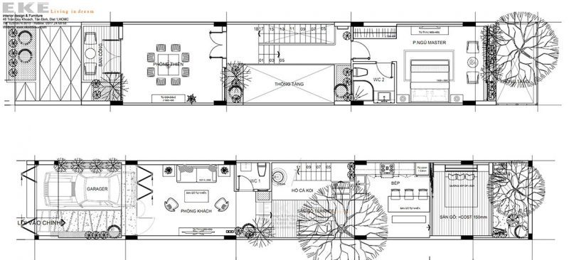 Thiết kế nội thất nhà phố sinh thái 4m x 20m - mặt bằng