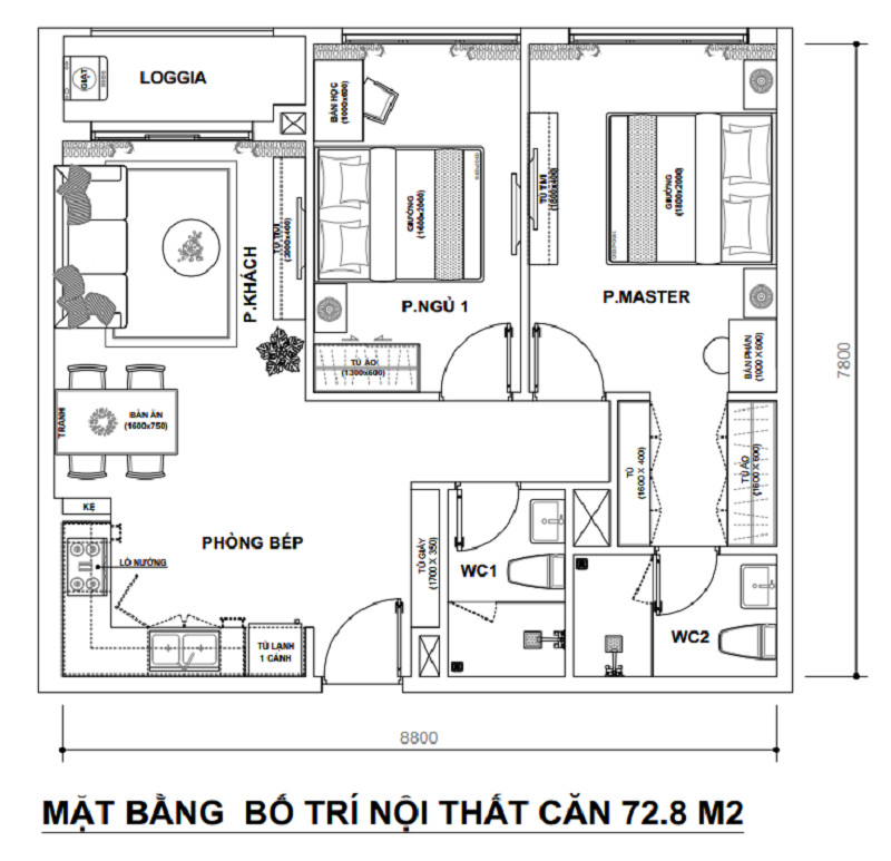 mặt bằng căn hộ the sun avenue 72m2 2 phòng ngủ