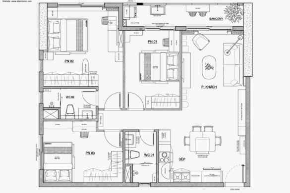 Thiết kế căn hộ chung cư Sunrise RiverSide 3 phòng ngủ